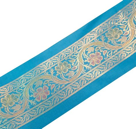 Sushila Vintage Sari Border Floral Turquoise Blue Brocade Swing Trim 3