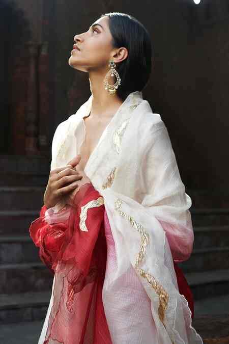 Buy White Kurta Chanderi Pant Cotton V Neck Panelled Set For Women by ...