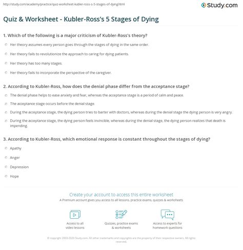 Quiz & Worksheet - Kubler-Ross's 5 Stages of Dying | Study.com