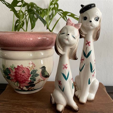 Pair of vintage 60's 70's ceramic long neck dog figures figurines ...