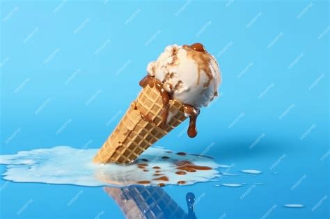 Premium Photo | Melting Ice Cream Cone Against a Soft Blue Background ...