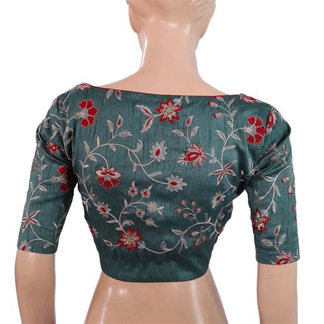 Embroidered Raw Silk Y neck Blouse with Front Zip Opening & Lining, Te ...
