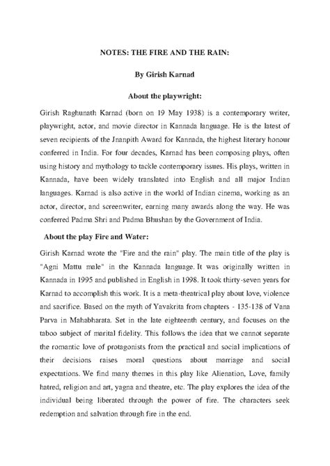 NOTES: THE FIRE AND THE RAIN (ENG 101) - Girish Karnad Analysis - Studocu