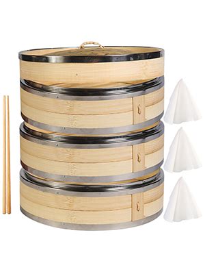 Hcooker 3-Tier Kitchen Bamboo Steamer with Stainless Steel Rings for ...