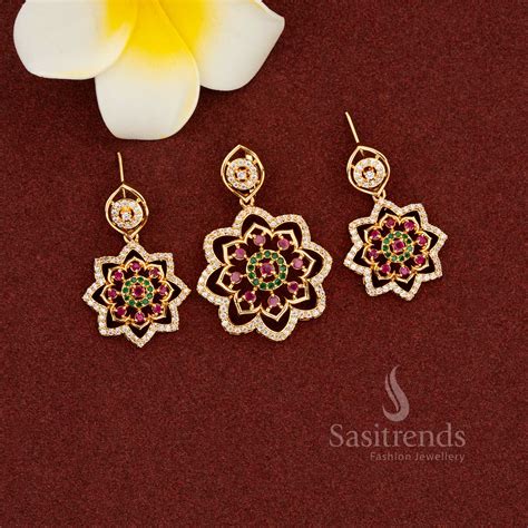 Micro Gold AD Floral Stone Pendant Set with Earrings – Sasitrends