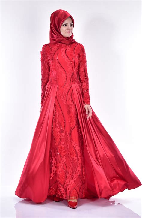 Red Hijab Evening Dress 0394-02 | Sefamerve
