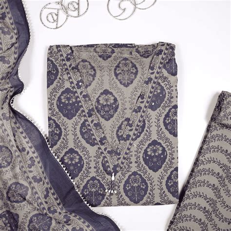 Mink Grey Ajrak Print Cotton Unstitched Suit Set – Mayurika