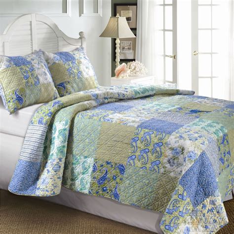 King Size Cotton Paisley Patchwork Quilt Set in Blue Green Yellow ...