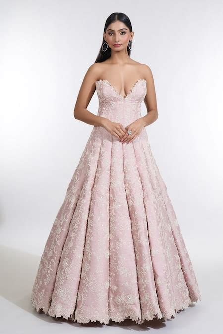 Buy Pink Organza Embroidery Bead Sweetheart Neck Natila Floral Gown For ...
