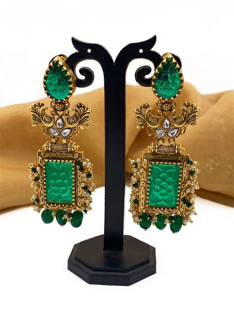 Gold Plated Designer Antique Long Green Stone Earrings For Women ...