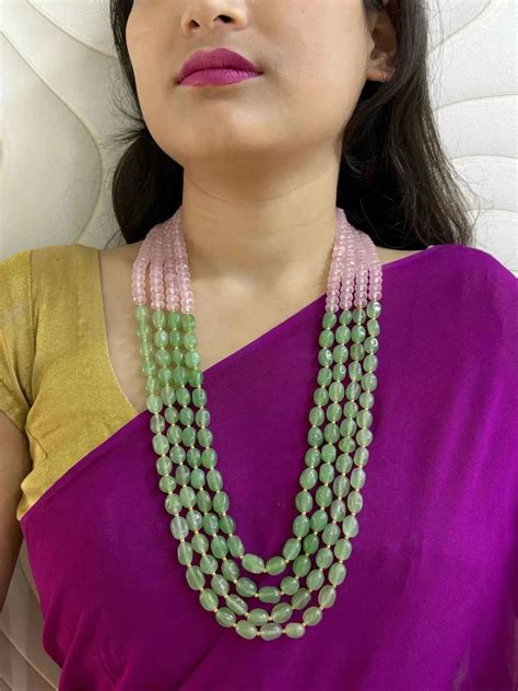 Unisex Layered Semi Precious Mint Green And Pink Long Beaded Necklace ...