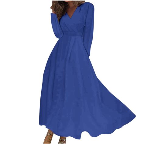 Taqqpue Women's V-Neck Long Sleeve Maxi Dress Casual Solid Color Long ...