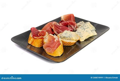 Prosciutto Tapas and Mold Cheese on Black Plate, Spanish Jamon Slices ...