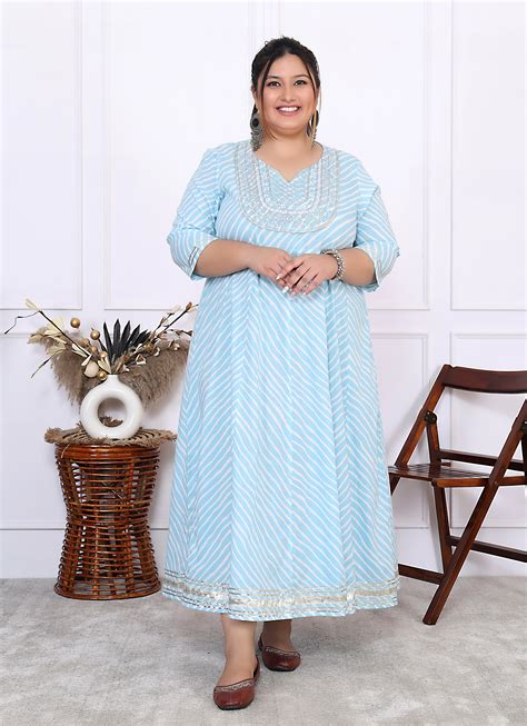 Plus Size Sky Blue Cotton Leheriya Print Embroidered Long Kurta (B16-S ...