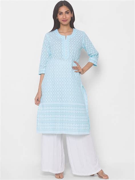 ZOLA Women Turquoise Blue & White Ethnic Motifs Embroidered Chikankari ...