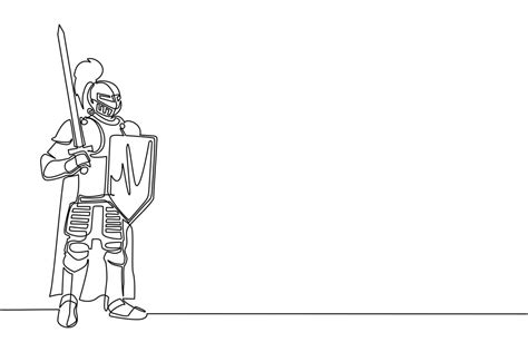 Single continuous line drawing medieval knight standing in armor and ...