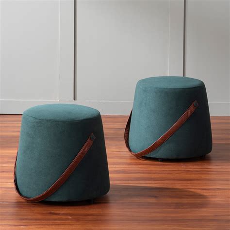 Green Pouf Set of 2 with Faux Leather Strap: Best Price Ottoman – Nestroots