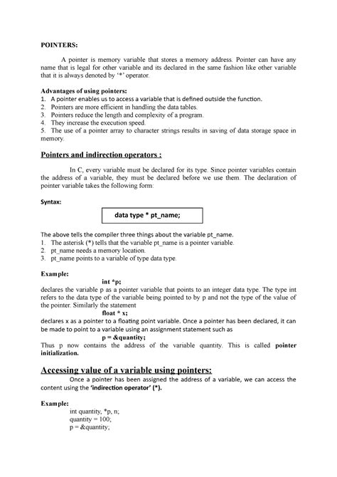 Pointers - POINTERS: A pointer is memory variable that stores a memory ...