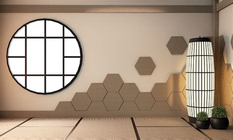 Hexagon wooden tiles on wall and lamp on tatami mat floor, empty room ...