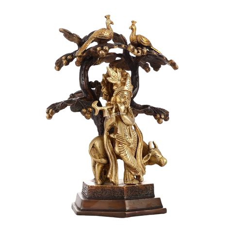 Buy Superfine Brass Lord Krishna with Cow Under Kalpavriksha Tree Idol ...