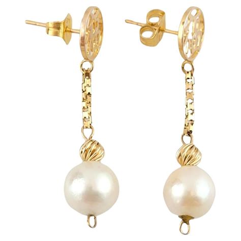 14K Yellow Gold Dangle Pearl Earrings #14613 For Sale at 1stDibs