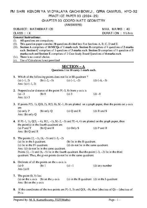 Maths IX Practice Paper 03: Chapter 03 Coordinate Geometry (Answers ...