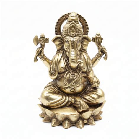 Golden Brass Blessing Lord Ganesha Idol Sitting on Lotus Flower ...