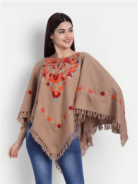 Woollen Poncho with Kashmiri Embroidery and Silk Lining | Brown ...