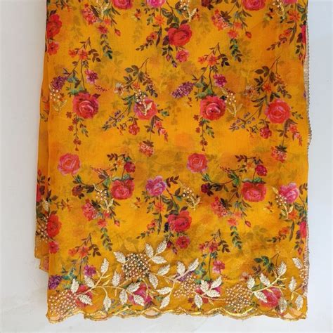 Yellow Floral Printed Pearl Embroidered Organza Dupatta – anokherang