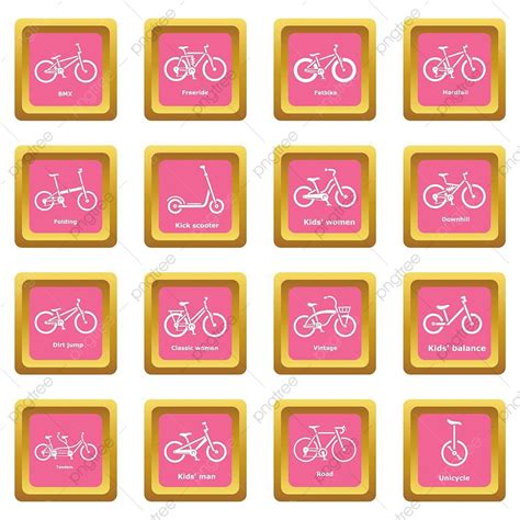 Bicycle Types Icons Set Vector Pink Square Isolated On White Background ...
