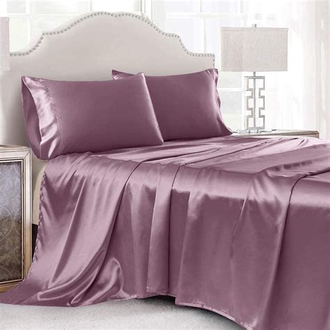 ANMINY Queen Size Satin Silk Sheet Set in Bean Paste Color, 4-Pieces ...