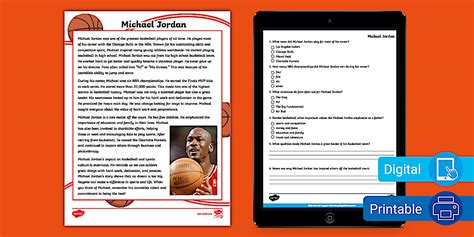 Third Grade Michael Jordan Reading Comprehension Worksheet