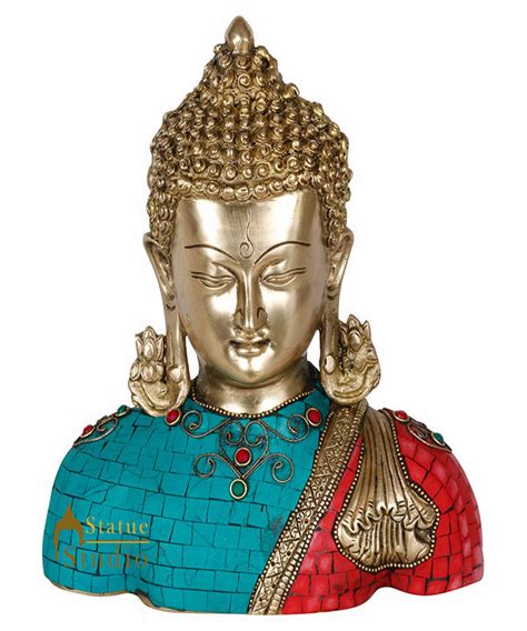 Brass Buddha Bust Indian Handicraft Turquoise Coral Stone Inlay Finish ...
