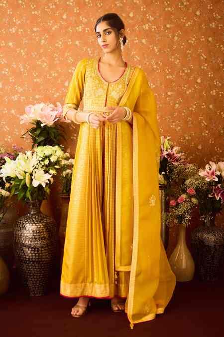 Buy Yellow Silk Organza, Viscose Embroidery, Zari Hand Front Slit ...