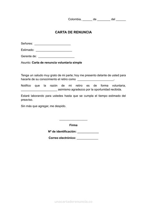 Carta de renuncia voluntaria simple – Carta de Renuncia Colombia