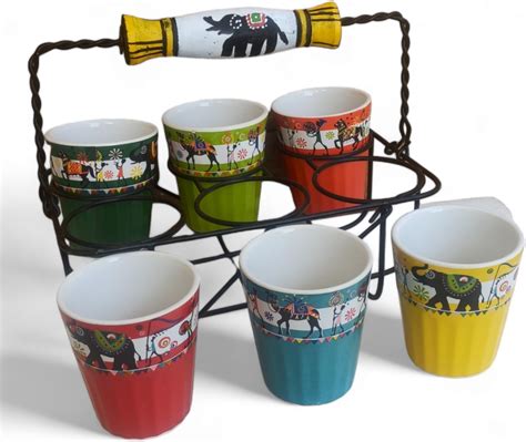 R.R.V. International Cutting Chai Glass Set of 6 with White Metal Stand ...