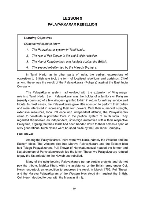 Old INM(std 12) - Exam notes - LESSON 9 PALAYAKKARAR REBELLION Learning ...
