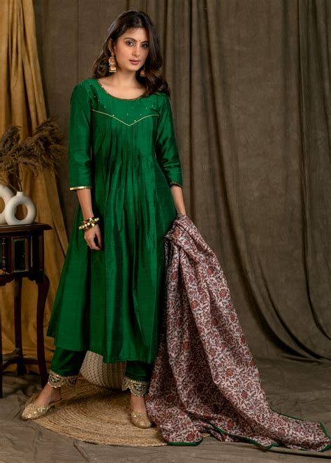 Classy Green Cotton Silk Pleated Kurta . – Sujatra
