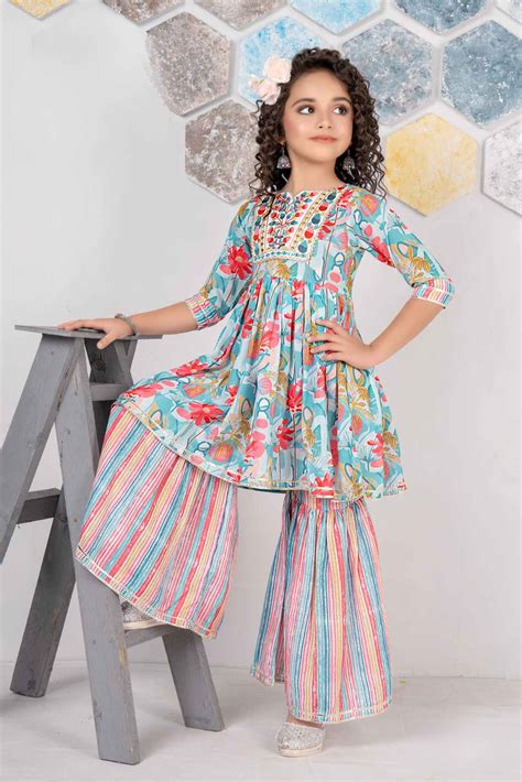 Blue Printed And Embroidered Sharara Set For Girls – Lagorii Kids