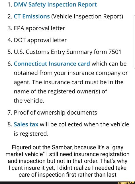 1. DMV Safety Inspection Report . CT Emissions (Vehicle Inspection Report) . EPA approval letter ...