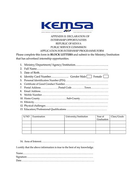 Kenya Public Service Internship Application Form - Blank Fillable ...