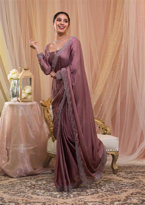 Buy Lavender Stonework Crepe Saree - Koskii