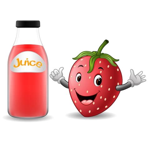 Bottle of strawberry juice with cute strawberry cartoon | Premium Vector