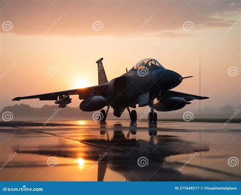 Stealth and Speed: Fighter Jet on Runway at Dawn Stock Illustration - Illustration of landing ...