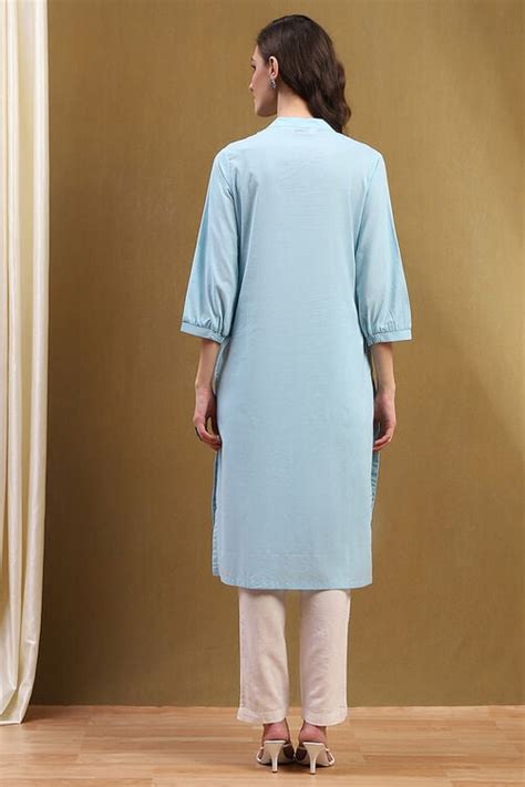 Buy Ice Blue Cotton Solid Regular Fit Straight Kurta Online at Biba India