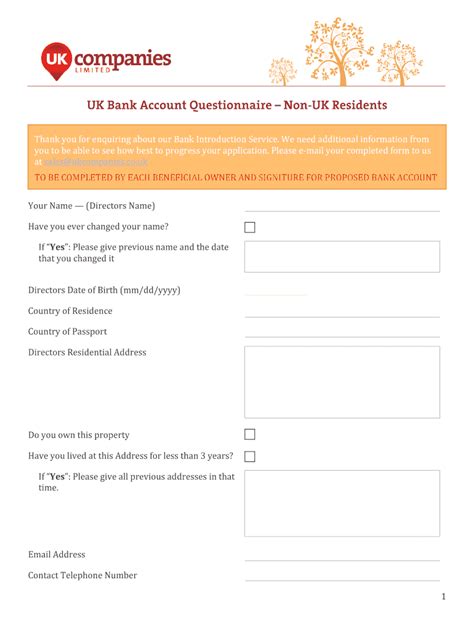 Fillable Online ltdcompany co UK Bank Account Questionnaire - UK ...