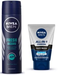 NIVEA FRESH OCEAN DEODORANT SPARY & ALL IN ONE CHARCOAL FACE WASH 100 ...