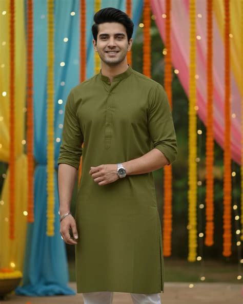 Olive Green Kurta for Men – Solid Full Sleeve Ethnic Wear | Jaipuri Crown