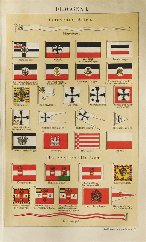 1889 Antique Lithograph of GERMAN EMPIRE FLAGS. Austro-hungarian Empire ...