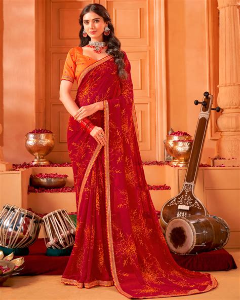 Vishal Prints Dark Paprika Red Printed Georgette Saree With Foil Print